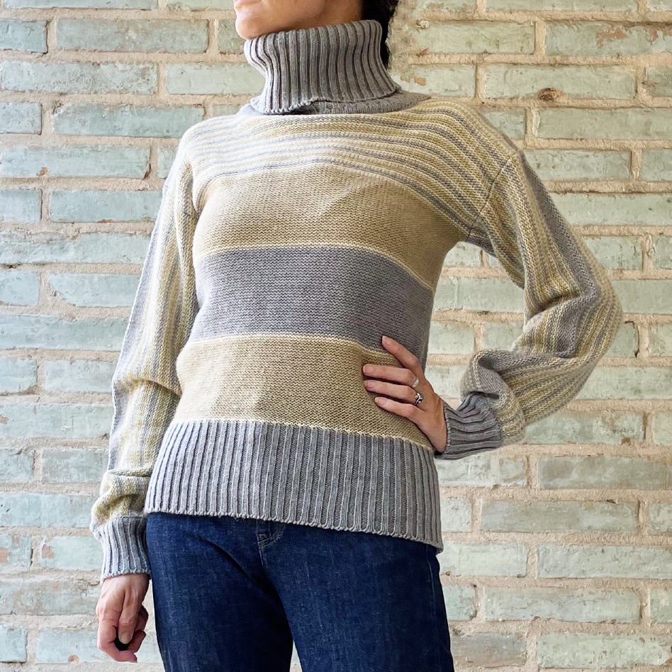 Vintage Turtleneck Sweater 70s Striped Pullover Chunky Cozy Neutral Grey Beige